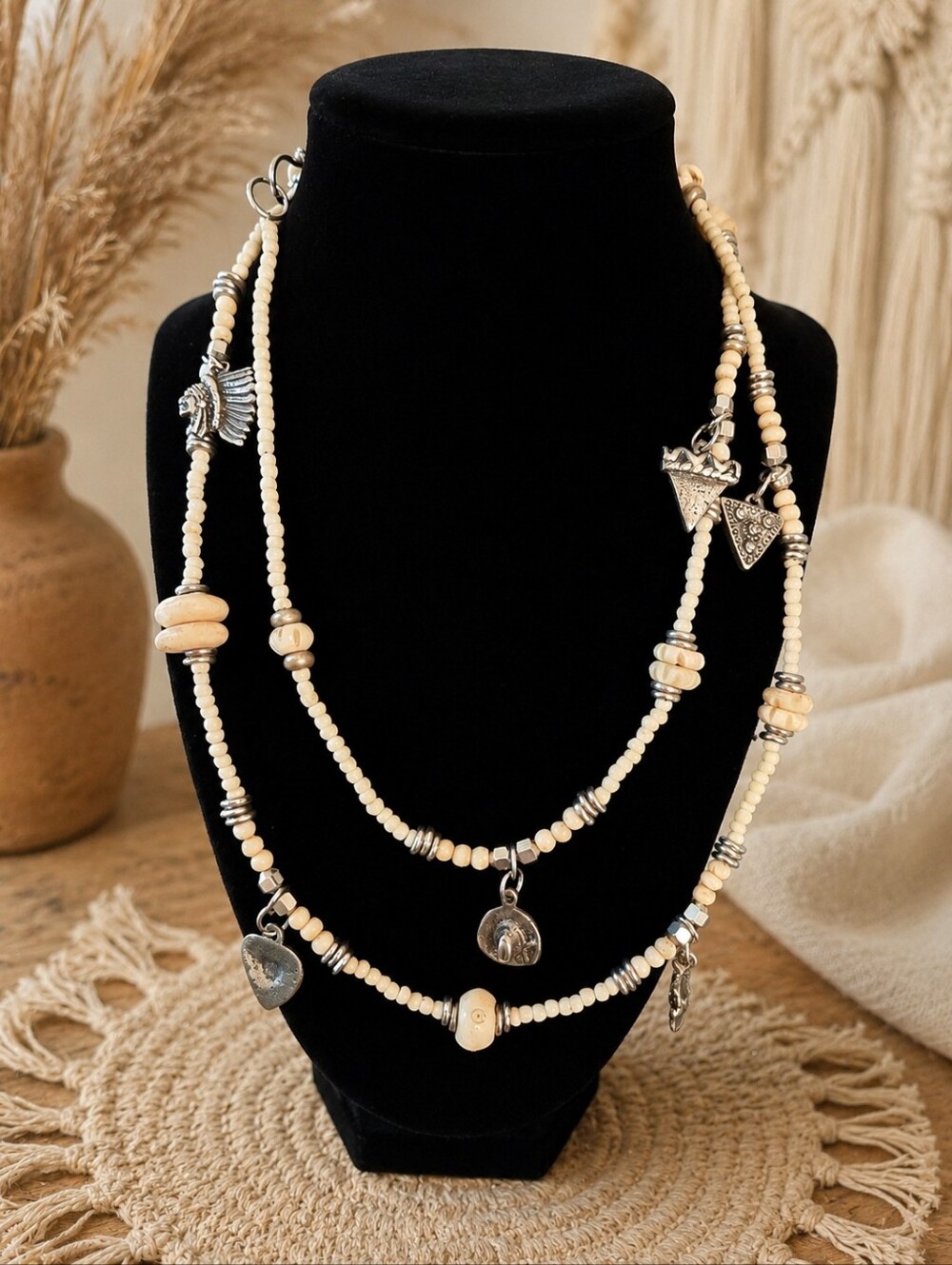 Vintage Southwestern Native-Inspired Charm Necklace 20" Cowboy Hat, Rose & Heart
